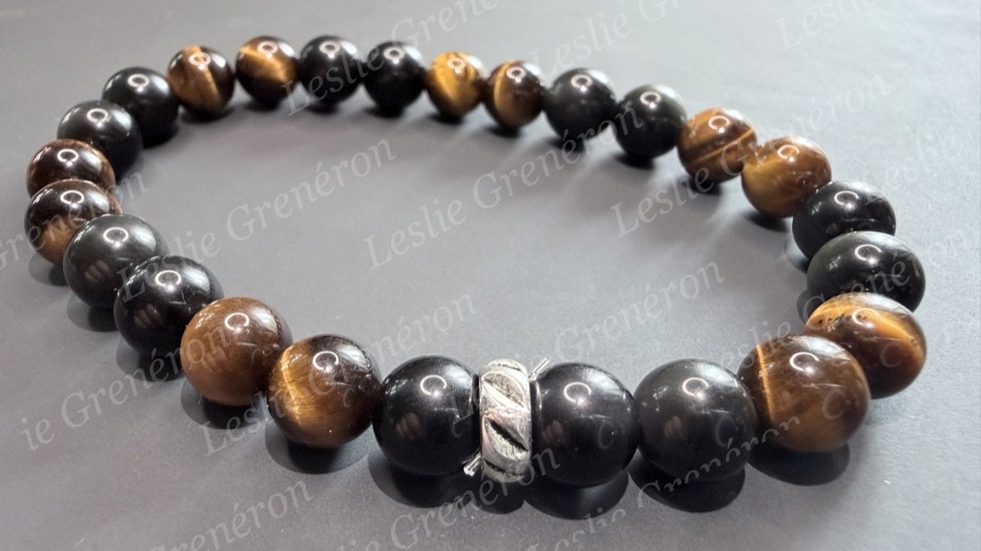 Bracelet Protection & Ancrage en pierres naturelles — Obsidienne œil céleste, Œil-de-tigre, Perle argentée