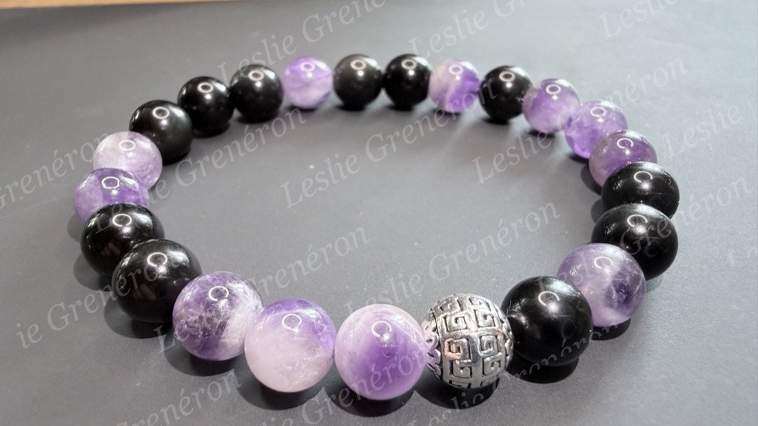 Bracelet Protection & Sérénité en pierres naturelles — Obsidienne œil céleste, Améthyste rubanée, Perle argentée