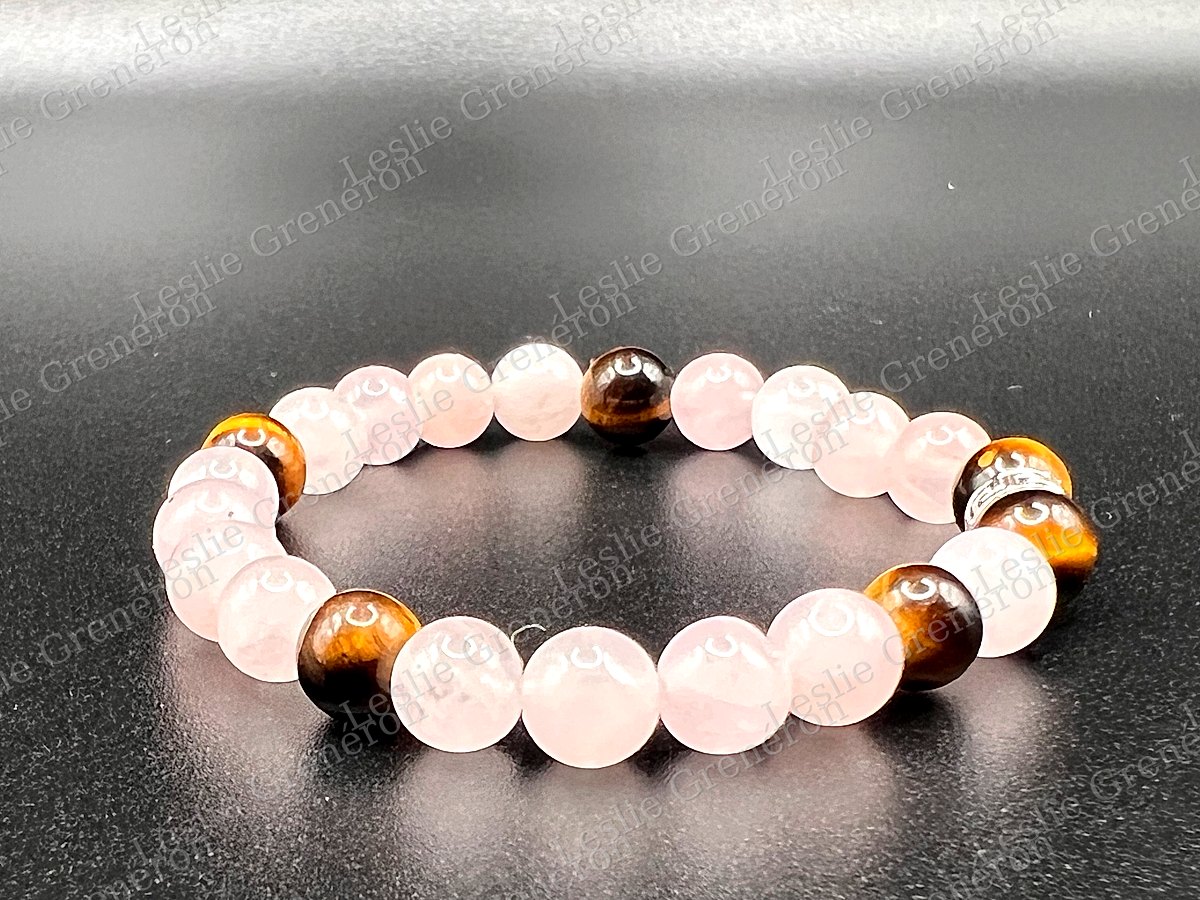 Bracelet Graine de confiance en pierres naturelles — Quartz rose, Œil-de-tigre, Perle argentée